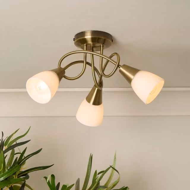 Lighting Collection Antique Brass 3 Light Ceiling Light in Gold and White