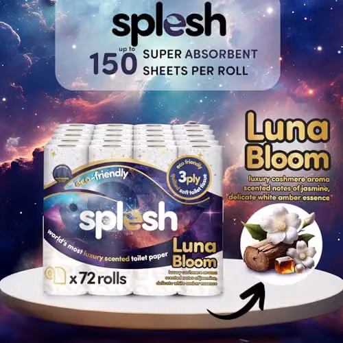 Cusheen Splesh Luna Bloom Cashmere Scented Toilet Roll, 72 Rolls, White with White Amber Essence, 3 Ply Luxury Bathroom Tissue – 3