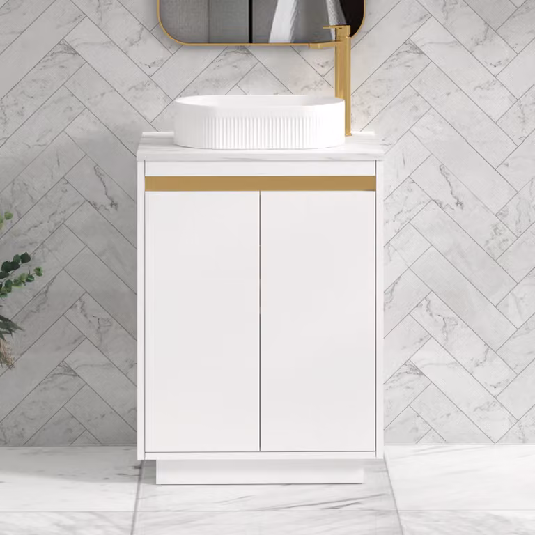 Royal Bathrooms Orion 600mm Matt White Floor Standing 2 Door Vanity Unit with Lyon Basin and Brushed Brass Accent Trim