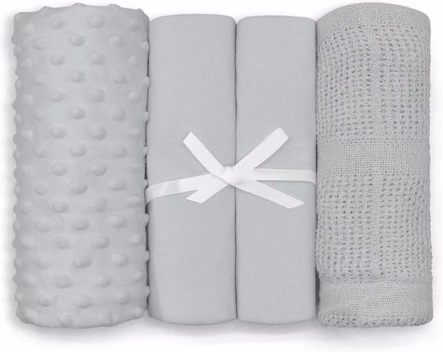 My Little World 4-Piece Moses Basket Starter Set in Grey with 2 Sheets and 2 Blankets