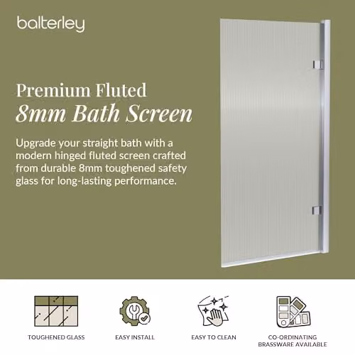 Balterley Fluted Rectangular Bath Shower Screen with Hinged Reversible Door, 8mm Chrome Toughened Safety Glass, W: 83 cm, H: 152 cm – 2