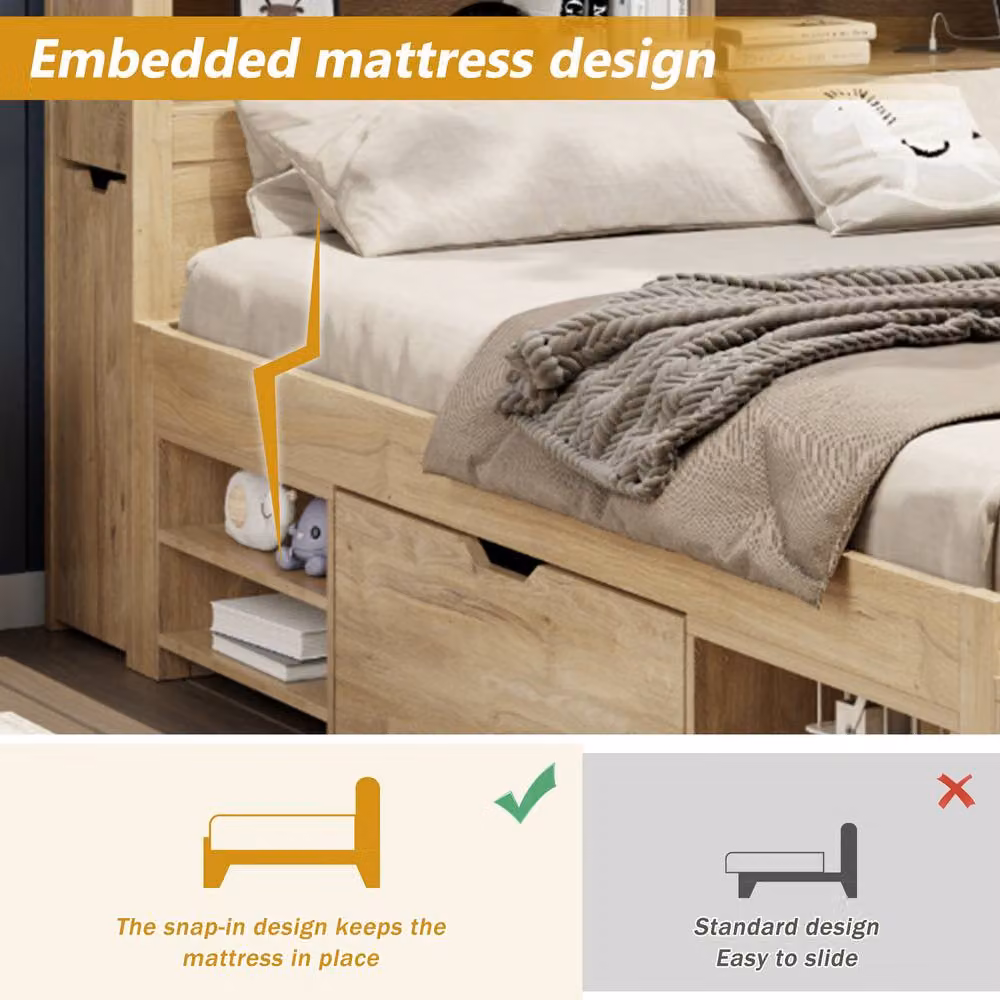 Matteo Children's Single Bed with Drawers and Bookcase in Natural Wood – 3