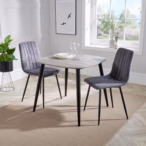 Core Products Aspen 3-Piece Dining Set with Square Grey-Oak Effect Table and 2 Grey Upholstered Fabric Chairs with Black Metal Legs – 2