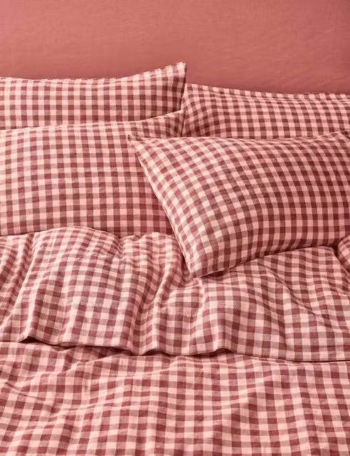 Piglet In Bed Red Gingham Linen and Cotton Pillowcase Pair with Envelope Closure