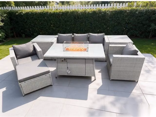 Fimous Modern Rattan Garden Furniture Set with Gas Fire Pit and Lounge Sofa Dining Set in Light Grey