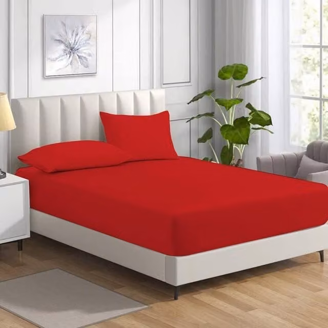 Homes-Linen Non Iron Red Polycotton Percale Fitted Sheet, Depth: 25 cm, Size: Single (90 x 200 cm)