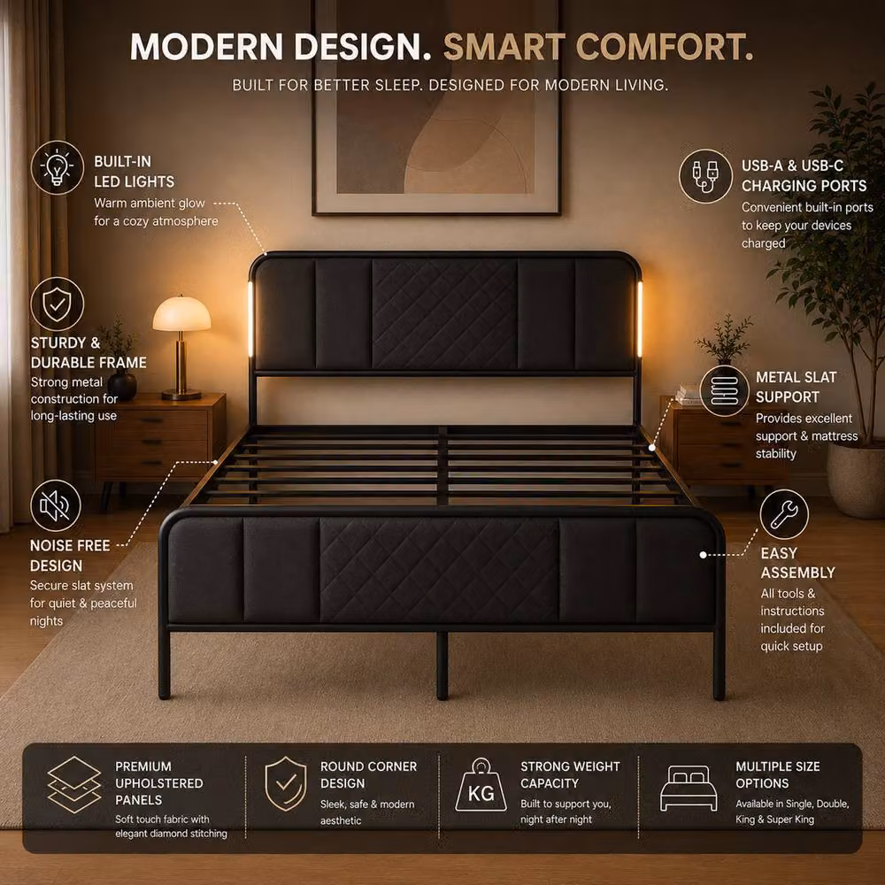 MN Furniture LED Bed Frame with Quilted Headboard, Black, W152 x H110 cm – 2