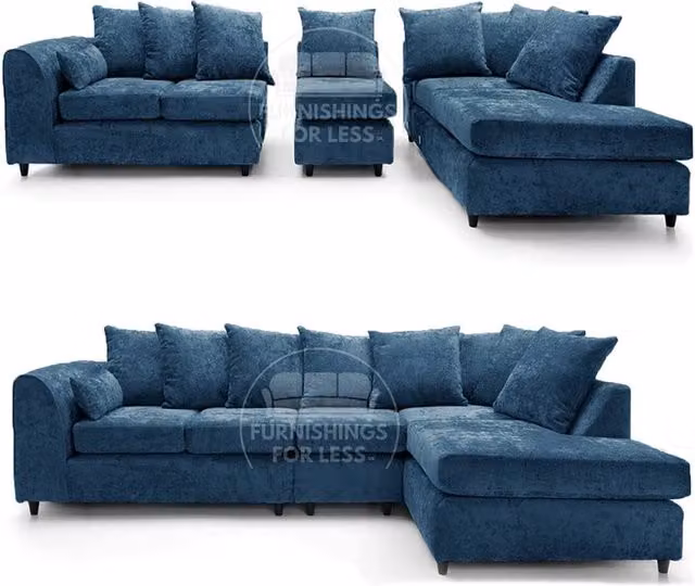 Furnishings For Less UK Monaco Blue Chenille Fabric Large 5 Seater L Shaped Corner Sofa, Right Hand Facing