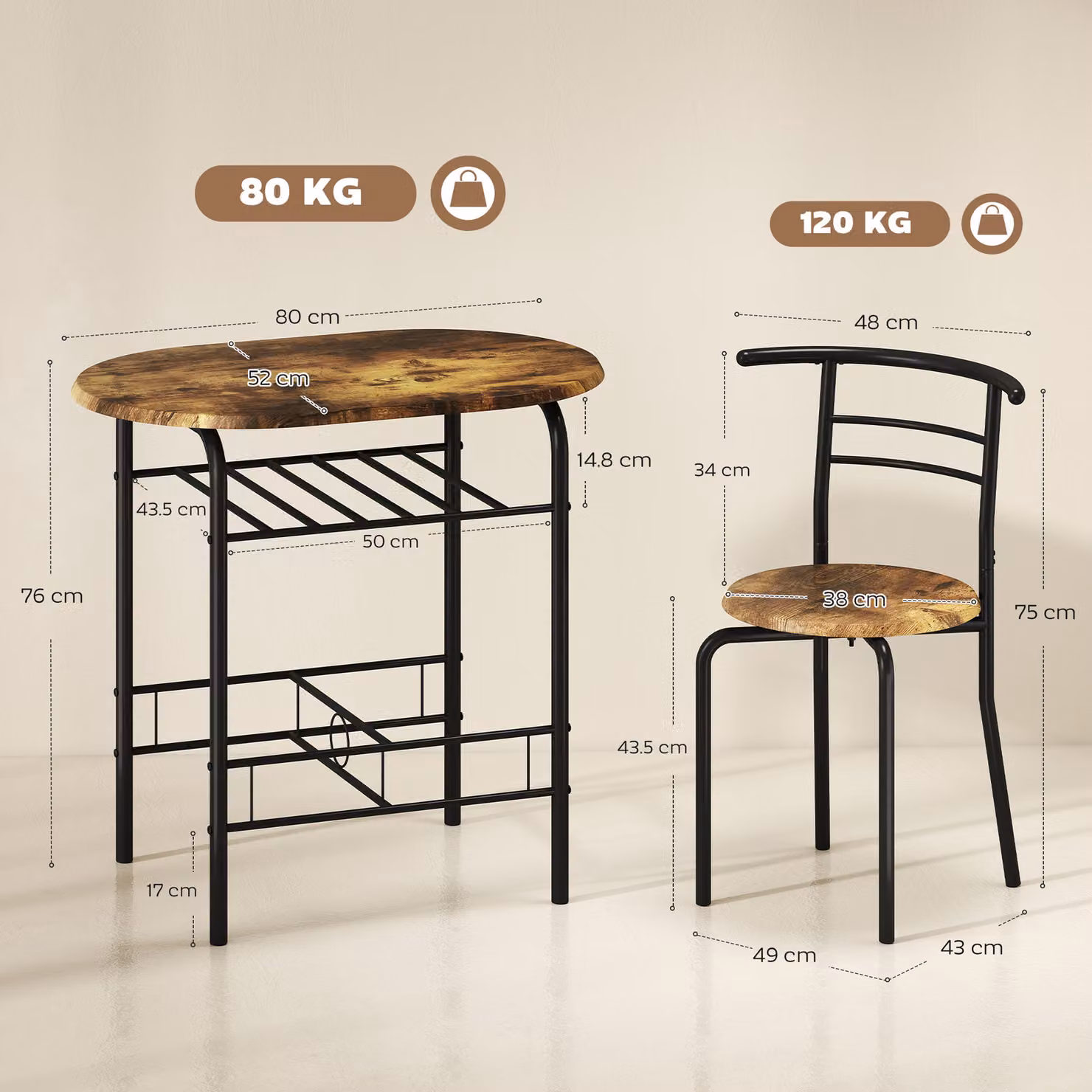 HOMCOM Three-Piece Compact Dining Set with Round Table and Chairs in Rustic Brown and Black – 3