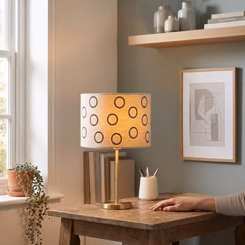 Happy Homewares Blue and White Open Circle Pattern Linen Fabric Cylinder Drum Lamp Shade W/D/H: 30 x 30 x 20 cm – 2