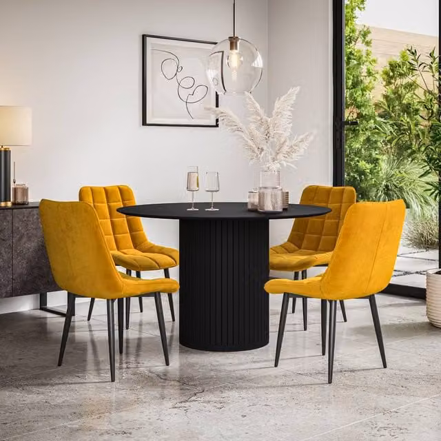 More4Homes Arlo Black Round Dining Table and Nova Mustard Velvet Dining Chairs Set of 4
