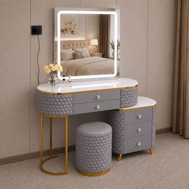 Sliding Wardrobes 4U Modern Grey Dressing Table with LED Mirror, Stool and Storage Cabinet, Width: 130 cm – 1