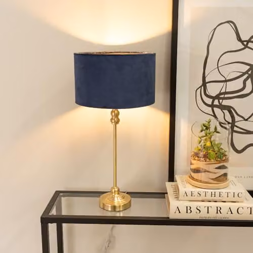 ValueLights Maggie Gold Metal Candlestick Table Lamp with Blue Velvet Drum Shade – 4