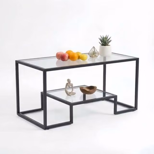 Alivio Modern Rectangular Coffee Table with Metal Frame and Transparent Wood Storage Shelves