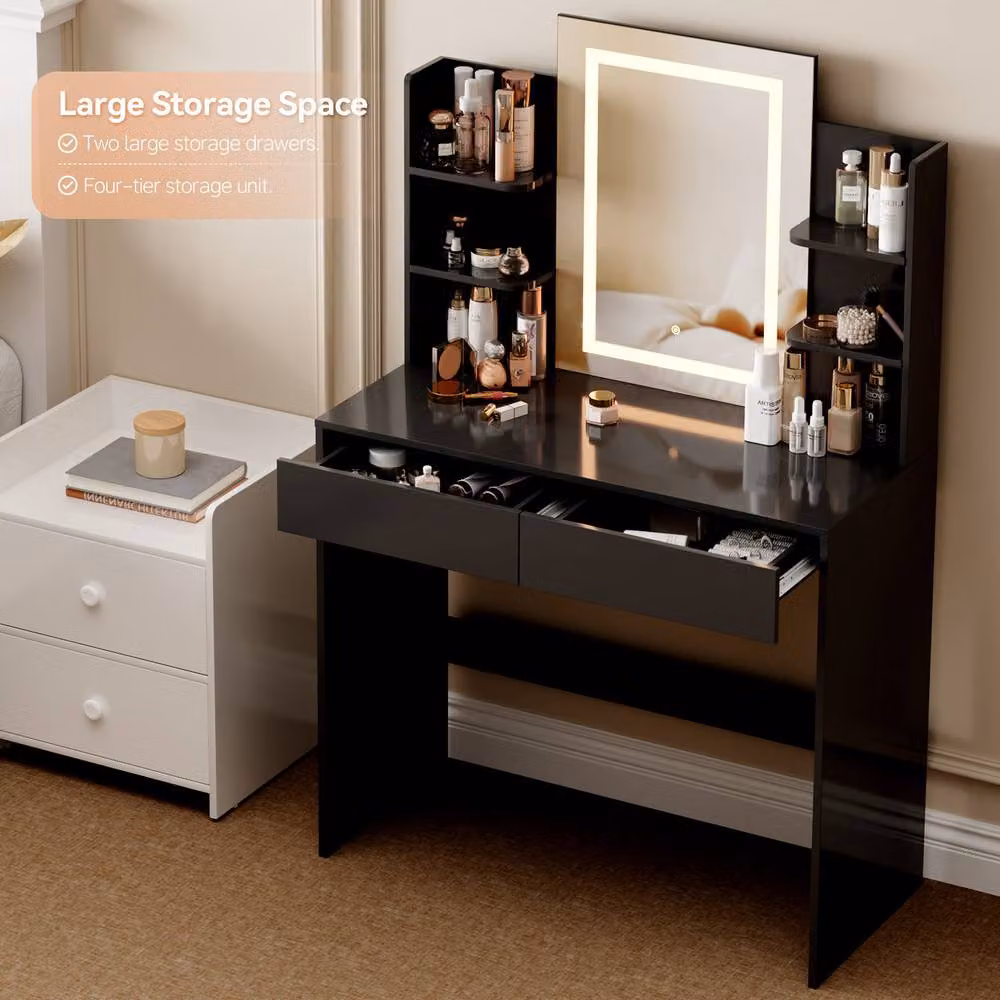 MCC Direct Texas Dressing Table with LED Hollywood Mirror and Drawers, Black, W/D/H: 135.5 x 90 x 40 cm – 5
