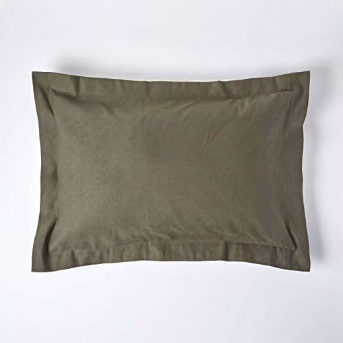 Homescapes Luxury Linen and Combed Cotton Oxford Pillowcase in Khaki Green