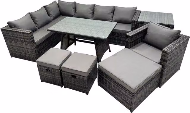 Fimous 10-Seater Outdoor PE Rattan Sofa Set with Dining Table in Dark Grey Mixed with Light Grey Rattan and Dark Grey Fabric