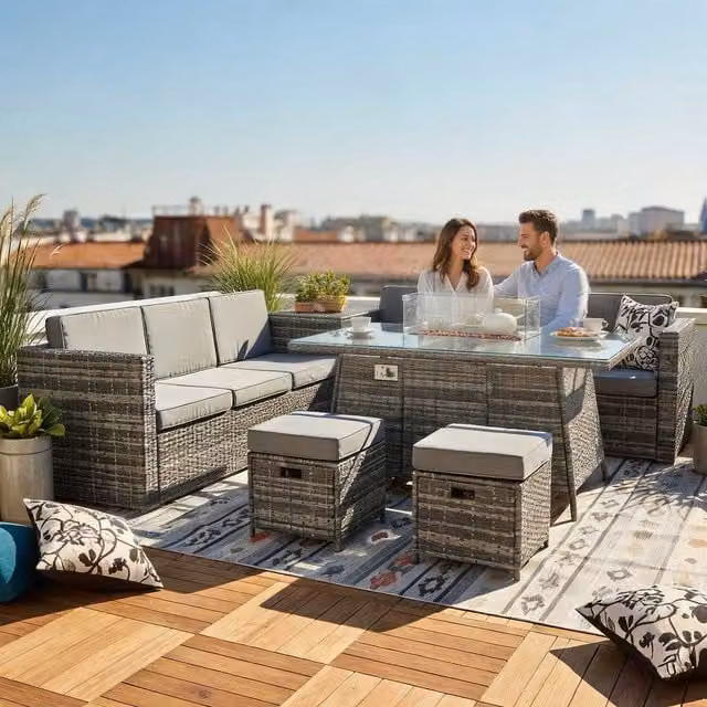 BIRCHTREE 8-Seater Modern Grey Rattan Furniture Set with Fire Pit Table RFS10