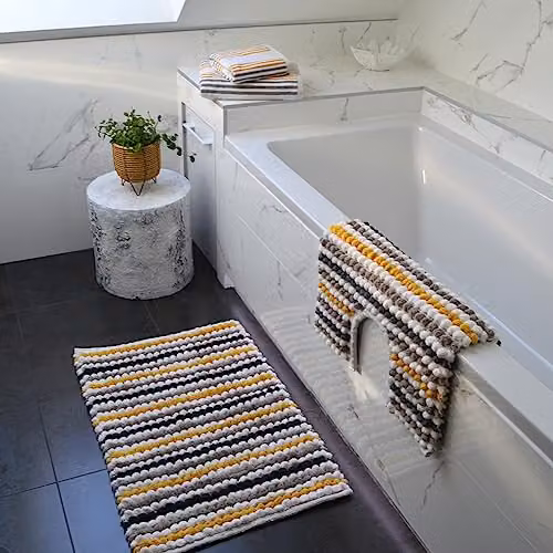 Allure Bath Fashions Striped Chunky Bobble Bath Mat, Multicolour (Yellow, Grey), W: 80 cm, D: 50 cm, H: 2 cm – 2