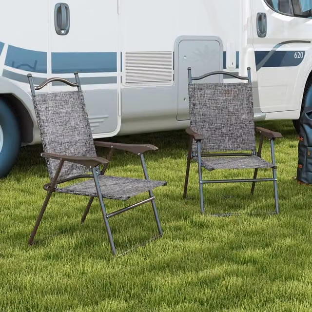 OUTSUNNY Set of 2 Grey Folding Chairs with Armrests and Breathable Mesh Fabric Seats – 1