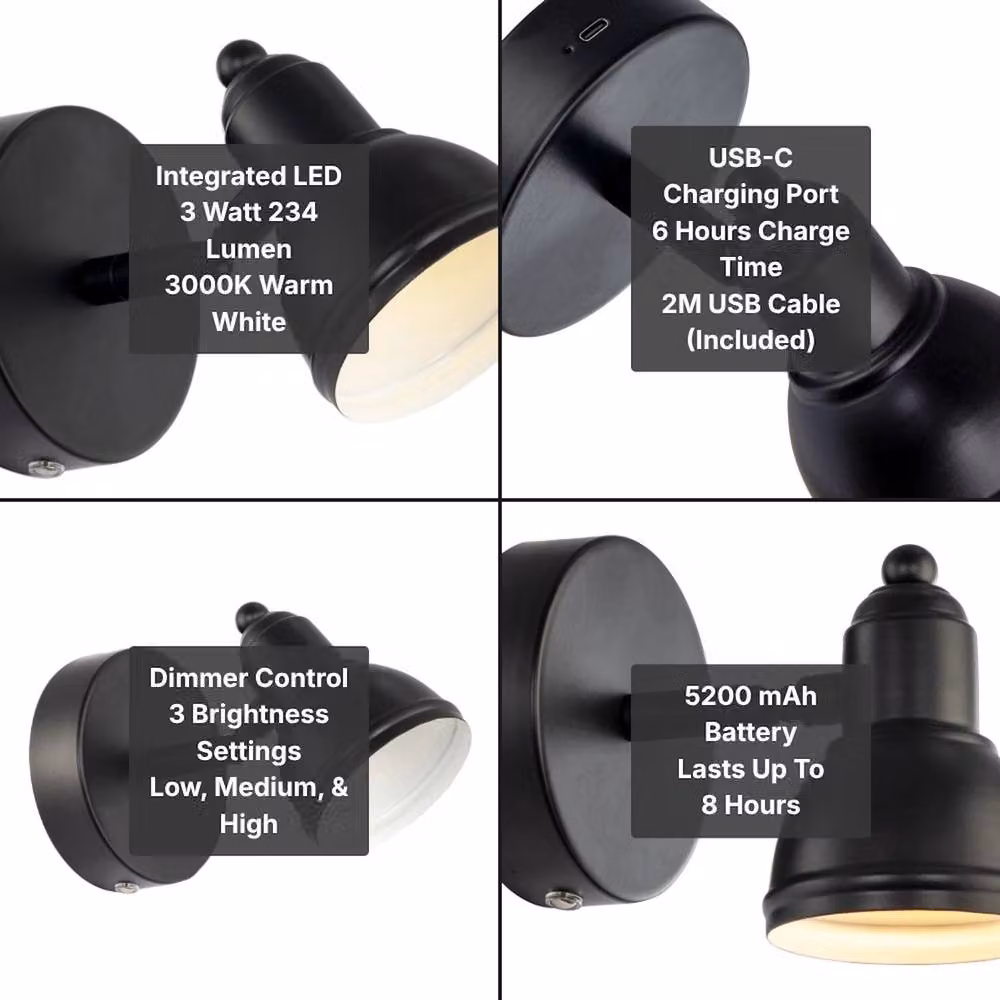 Happy Homewares Modern Rechargeable Dimmable LED Compact Spot Wall Light Fitting in Black – 6