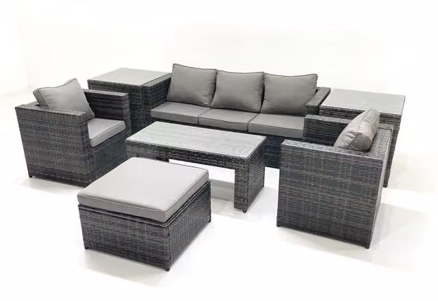 Fimous 6-Seater Rattan Garden Furniture Set in Grey with Metal Frame and Upholstered Cushions