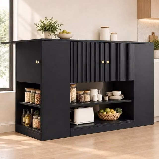 STILVORA Black Kitchen Island with Fold-Out Tabletop, Internal Drawers and Shelves