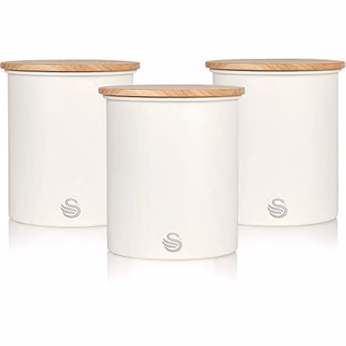 Swan Set of 3 Airtight Metal and Bamboo Canisters in White and Green – 1