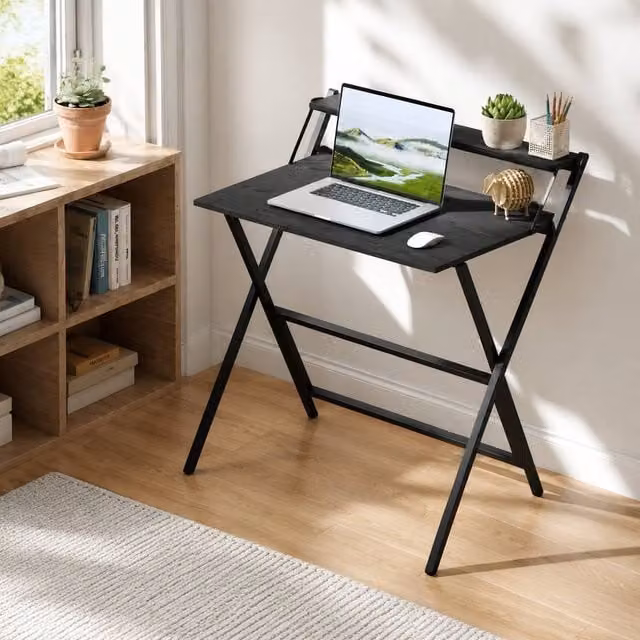 STILVORA Foldable Black Metal Desk with Monitor Shelf for Home Office