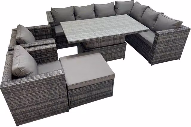 Fimous 9 Seater Rattan Corner Sofa Set with 2 Chairs and Large Stool in Dark Grey