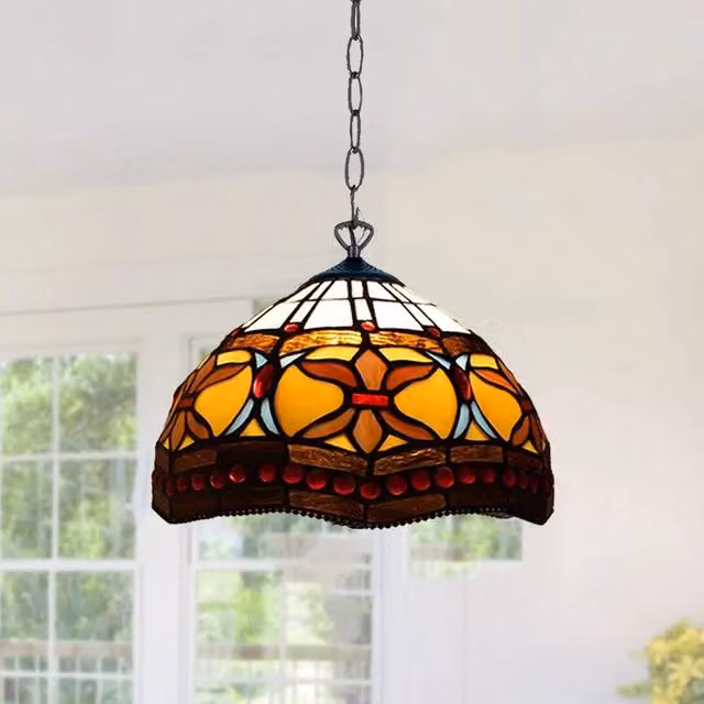 NESTLUNE Tiffany Style Handcrafted Stained Glass Pendant Lamp in Multicolour and Black – 1