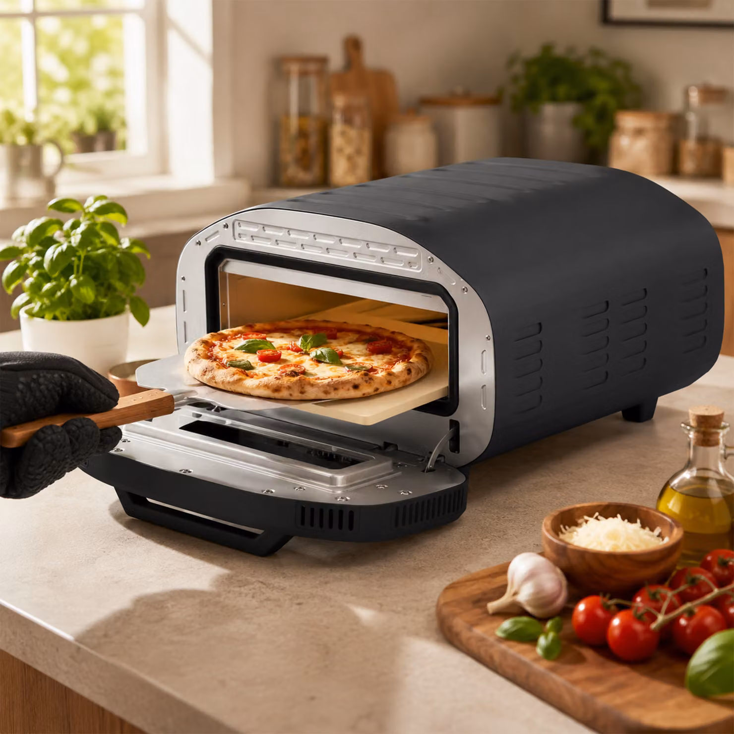 HOMCOM Electric Pizza Oven with 2200W Power, Ceramic Stone, Viewing Window and Analog Timer, Black – 8