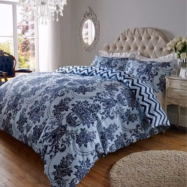 Roseley Reversible Damask Floral Duvet Cover Set in Blue, 200 x 200 cm