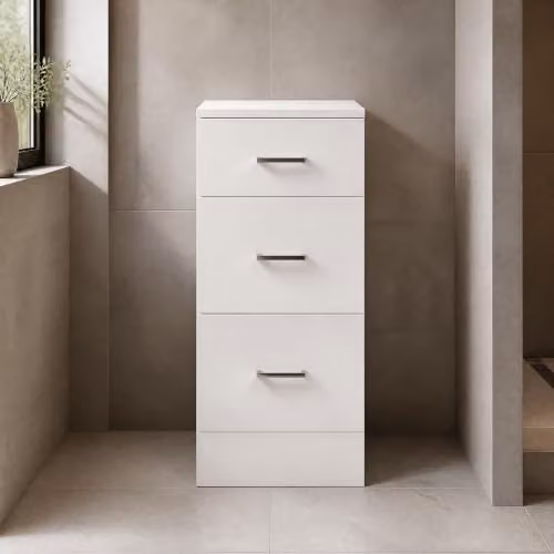 Balterley White Glossy Slim Bathroom Storage Cabinet with 3 Drawers and Chrome Handles, W/D/H: 30.0 x 35.0 x 76.6 cm – 2