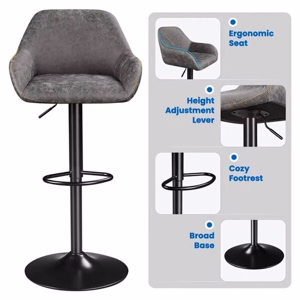Kelvenix Set of 2 Height Adjustable Modern Bar Stools with Armrests in Grey Synthetic Leather – 4