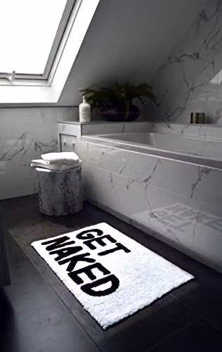 Mooky Mats Get Naked Non-Slip Tufted Slogan Bath Mat, White and Black, W: 80 cm, D: 50 cm – 5