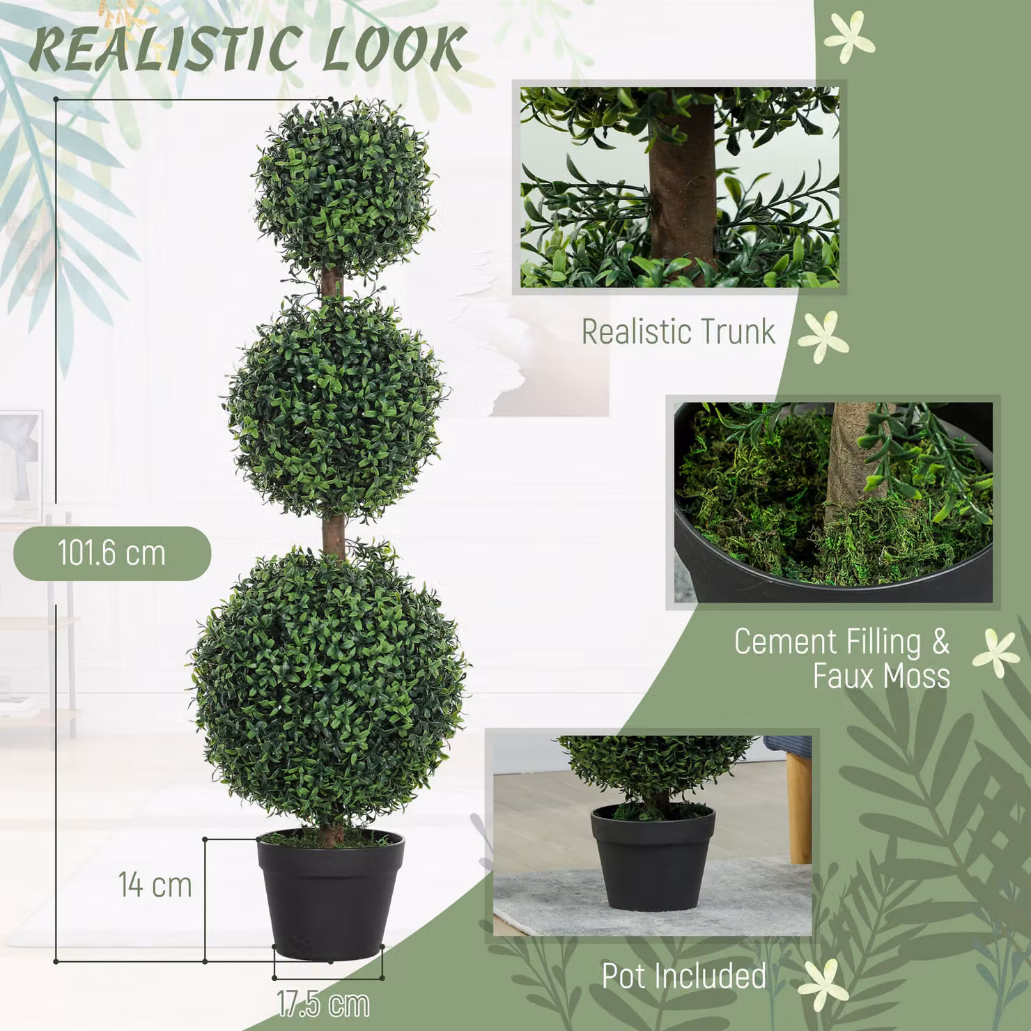 HOMCOM Set of 2 Green Artificial Topiary Ball-shaped Boxwood Trees in Concrete Pots, Height: 100 cm – 3