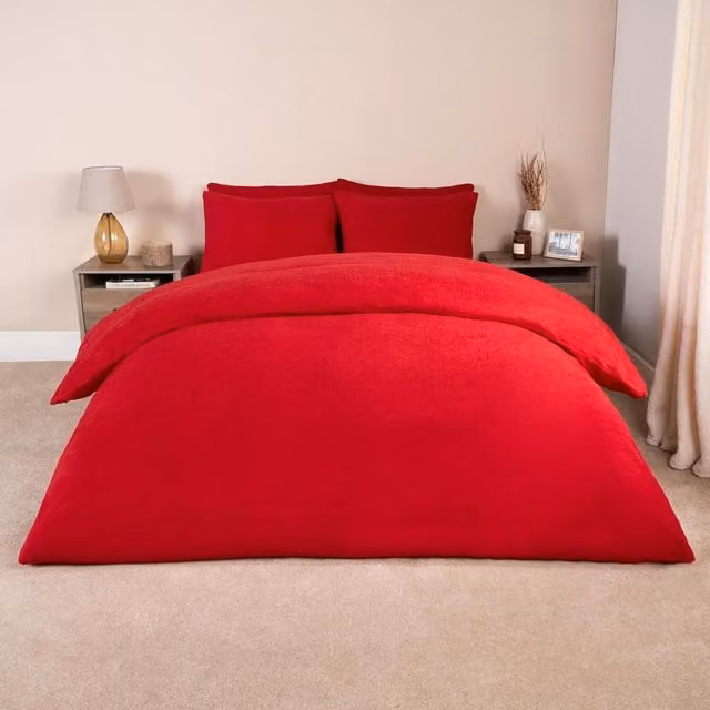 Brentfords Red Teddy Fleece Duvet Cover and Pillowcase Set, Single, W/D/H: 90 x 190 cm