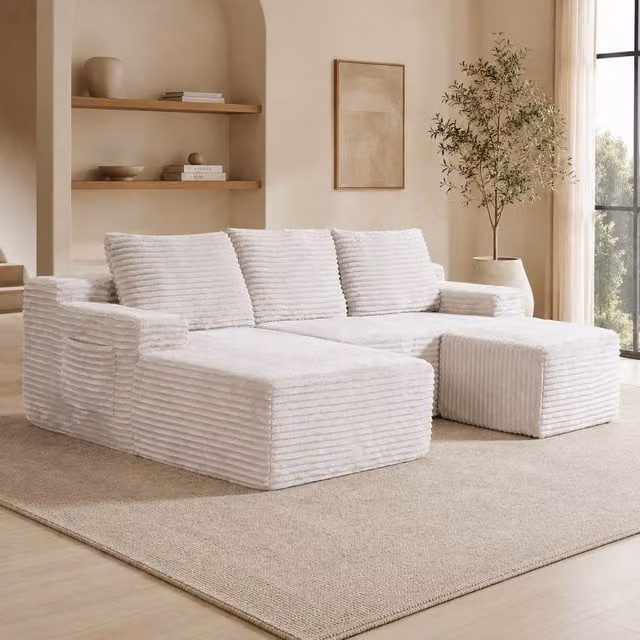 Mimo Modular L-Shape Chaise Sofa Set in Grey Corduroy Fabric with Storage and Matching Ottoman – 1