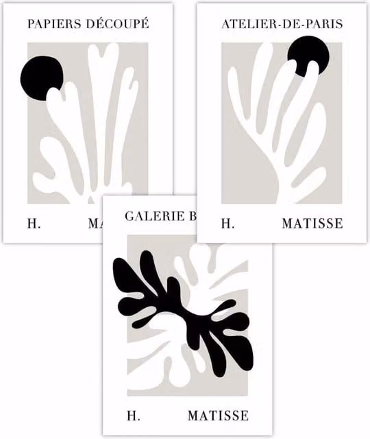 ARTZE Set of 3 Matisse Floral Cut Out Style Boho Art Posters in Black and Beige, W: 50 cm, H: 70 cm