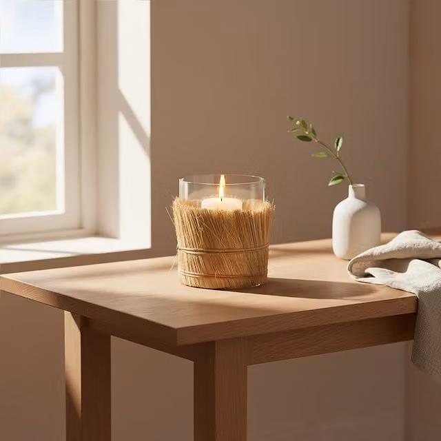 Orsina Modern Round Glass and Rattan Taper Candle Holder in Sand, Beige and Brown