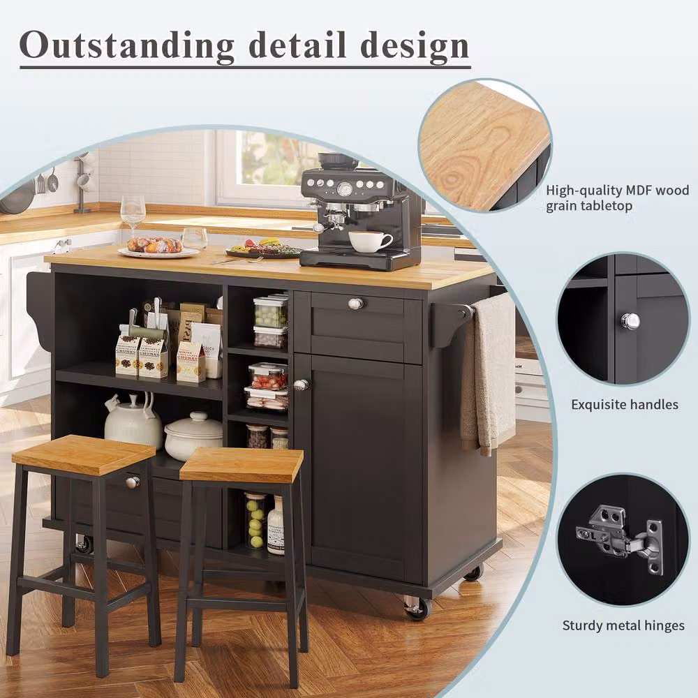 ModernLuxe Mobile Kitchen Island with Open Storage Shelves in Black, W/D/H: 129 x 46 x 96 cm – 5