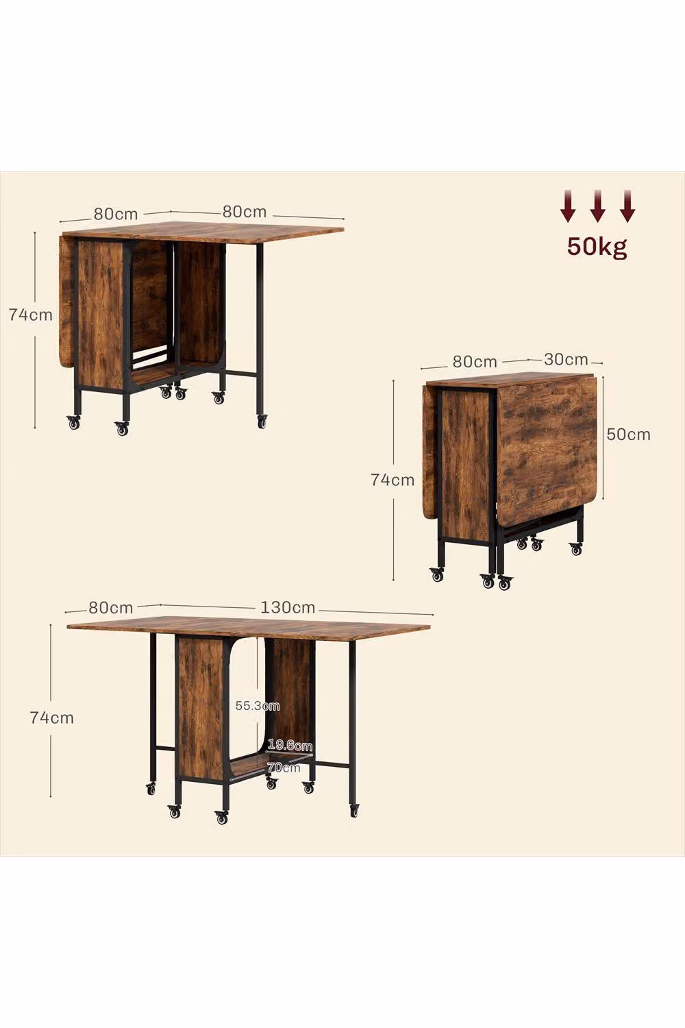 ERGOVEXA Six-Person Drop Leaf Dining Table in Rustic Brown, W/D/H: 160 x 80 x 74 cm – 2