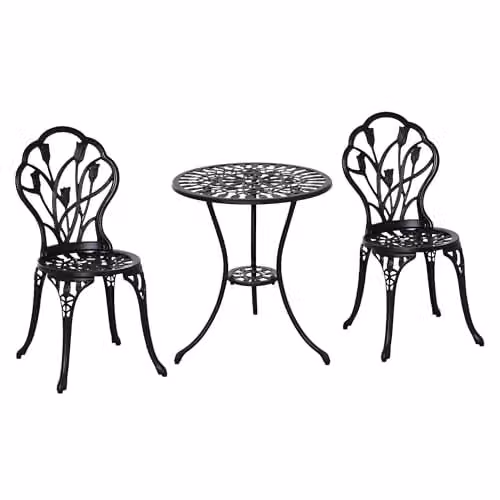 Outsunny 3 Piece Retro Patio Bistro Set for 2 in Black Powder Coated Aluminium