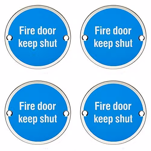 Loops 4 Pack Fire Door Keep Shut Sign in Polished Stainless Steel Silver and Blue – 1