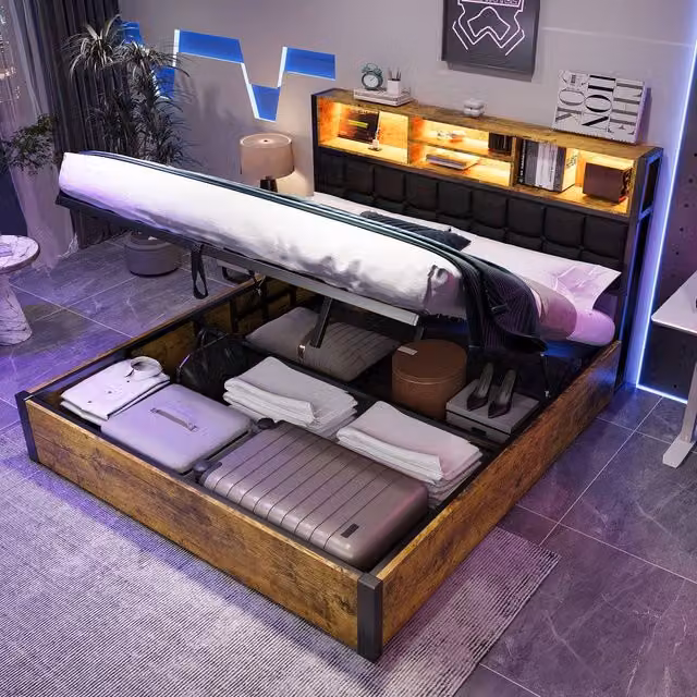 BTM Double Hydraulic Bed in Dark Brown with USB Charging, LED Lighting and Soft Storage Headboard, W/D/H: 140 x 200 cm