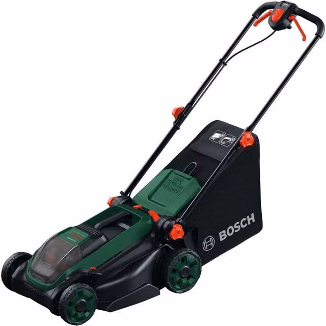 Bosch Rotak 18V 38 cm Cordless Lawnmower with Mulching Kit and Collection Bag, Green
