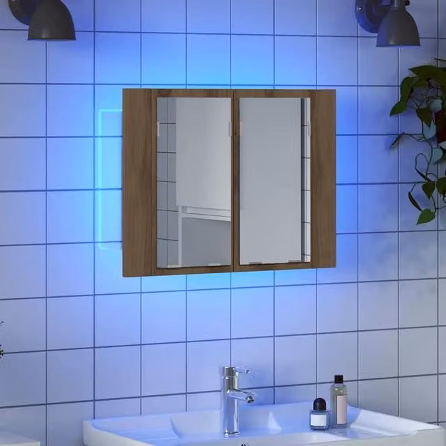 Berkfield Home Artisan Oak LED Mirror Cabinet in Brown, W/D/H: 60 x 12 x 45 cm – 1