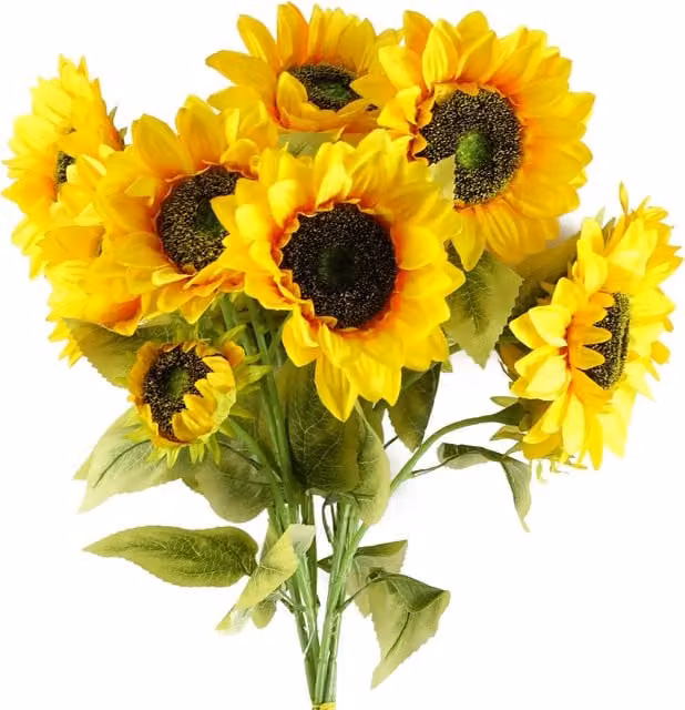 Pack of 6 Yellow Artificial Sunflowers with 18 Textile Heads and Leaves