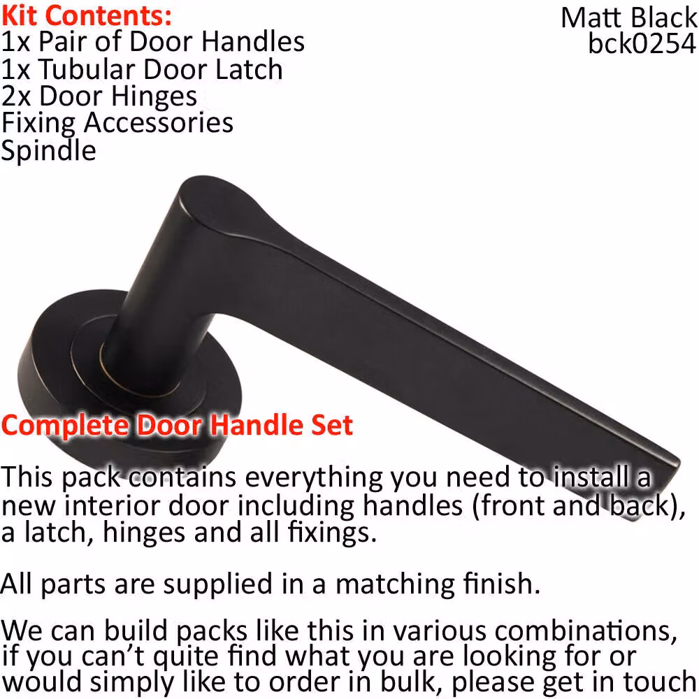 Loops Matt Black Straight Rounded Bar Door Handle and Latch Pack with Screwless Round Rose – 2